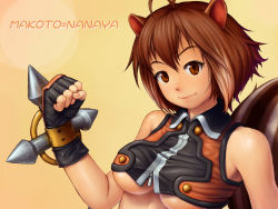 Rule 34 | 1girl, animal ears, antenna hair, arc system works, blazblue, blazblue: continuum shift, breasts, brown eyes, brown hair, character name, clenched hand, fingerless gloves, gloves, highres, makoto nanaya, medium breasts, short hair, solo, squirrel ears, squirrel tail, tail, tonfa, uepon, underboob, weapon