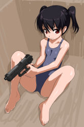 Rule 34 | 1girl, :3, bad id, bad pixiv id, barefoot, black hair, blue one-piece swimsuit, blue school swimsuit, collarbone, female focus, full body, gun, hair between eyes, handgun, holding, holding gun, holding pistol, holding weapon, looking at viewer, one-piece swimsuit, original, pistol, red eyes, rohitsuka, school swimsuit, short hair, sitting, solo, spread legs, swimsuit, toes, twintails, weapon