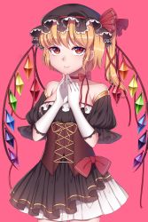 Rule 34 | 1girl, absurdres, alternate costume, bad id, bad twitter id, bare shoulders, black dress, black hat, blonde hair, bow, breasts, choker, collarbone, corset, cowboy shot, dark jewel (gem oblivion), dress, flandre scarlet, gloves, gothic lolita, hat, hat bow, hat ribbon, highres, lace, lace-trimmed gloves, lace trim, lolita fashion, mob cap, neck ribbon, petticoat, pink background, puffy short sleeves, puffy sleeves, red bow, red eyes, ribbon, short dress, short sleeves, side ponytail, simple background, slit pupils, small breasts, smile, touhou, underbust, white gloves, wings