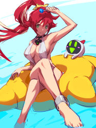Rule 34 | 1girl, ankh, ankh necklace, anklet, armpits, bare legs, bare shoulders, bikini, breasts, candy, cleavage, collarbone, crossed legs, food, guilty gear, hair ornament, halterneck, highres, holding, holding candy, holding food, holding lollipop, innertube, jack-o&#039; valentine, jewelry, large breasts, lollipop, long hair, long legs, looking at viewer, minion, multicolored hair, necklace, ponytail, pool, red hair, shaded face, sideboob, simple background, sitting, solo, streaked hair, swim ring, swimsuit, thighs, unfinished, ura dora, very long hair, water, white bikini, white hair