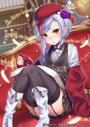 Rule 34 | 1girl, :o, beret, black thighhighs, blush, book, boots, bow, bowtie, couch, feathers, flower, garter straps, german text, hair flower, hair ornament, hat, jacket, long sleeves, looking at viewer, multicolored hair, official art, open book, original, ray-akila, red eyes, red hair, shinki kakusei melty maiden, short hair, silver hair, sitting, solo, streaked hair, thighhighs, two-tone hair, vest