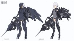 Rule 34 | 1girl, armor, arms at sides, breasts, digitigrade, english text, expressionless, full body, grey eyes, grey hair, head-mounted display, highres, holding, holding weapon, looking at viewer, makadamixa, mask, mecha musume, mechanical legs, original, pile bunker, science fiction, short hair, small breasts, standing, weapon