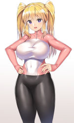 Rule 34 | 1girl, blonde hair, bodysuit, breasts, covered navel, hands on own hips, large breasts, long hair, nagase haruhito, open mouth, original, pants, purple eyes, simple background, skin tight, smile, solo, stomach, taut clothes, thick thighs, thighs, tight clothes, tight pants, twintails, white background, zipper