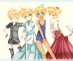 Rule 34 | absurdres, aquasnow, bad id, bad pixiv id, blonde hair, blue eyes, blush, crossdressing, highres, japanese clothes, kagamine len, male focus, miko, one-piece swimsuit, school swimsuit, swimsuit, syringe, tan, thighhighs, trap, vocaloid