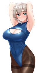Rule 34 | 1girl, :o, anastasia (idolmaster), armpits, arms up, blush, breasts, brown pantyhose, cleavage, cleavage cutout, clothing cutout, covered navel, earrings, grey hair, groin, highres, idolmaster, idolmaster cinderella girls, jewelry, large breasts, looking at viewer, one-piece swimsuit, pantyhose, pantyhose under swimsuit, short hair, simple background, solo, stud earrings, swimsuit, tomajiyama, water drop, white background