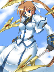 Rule 34 | 00s, 1girl, blue eyes, breasts, brown hair, cloud, female focus, fingerless gloves, gloves, lyrical nanoha, mahou shoujo lyrical nanoha, mahou shoujo lyrical nanoha strikers, ment, outdoors, sky, solo, takamachi nanoha, weapon