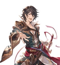 Rule 34 | 1boy, ;d, black hair, blue eyes, cain (granblue fantasy), granblue fantasy, male focus, minaba hideo, official art, one eye closed, open mouth, outstretched hand, pants, popped collar, smile, solo, sword, transparent background, weapon, white day, white pants, wide sleeves