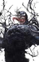 Rule 34 | 1boy, black eyes, eddie brock, highres, long tongue, marvel, one eye covered, open hand, open mouth, saliva, science fiction, sharp teeth, solo, spider-man (series), symbiote, teeth, tongue, tongue out, venom (2018), venom (marvel), white background, white eyes, zonotaida