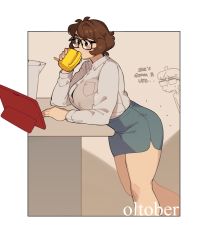 Rule 34 | 1boy, 1girl, artist self-insert, blush, border, breasts, brown eyes, brown hair, collared shirt, commentary, cup, drinking, english commentary, glasses, grey skirt, highres, holding, holding cup, large breasts, leaning forward, mug, office lady, original, shirt, short hair, skirt, snowcie, snowciel, solo focus, tablet pc, white background, white border, white shirt