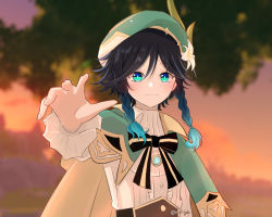 Rule 34 | 1boy, absurdres, androgynous, beret, black hair, blue hair, blurry, blurry background, blush, bow, braid, brooch, closed mouth, collared cape, collared shirt, commentary, corset, english commentary, evelgie, flower, frilled sleeves, frills, gem, genshin impact, gradient hair, green eyes, green hat, hat, hat flower, highres, jewelry, leaf, long sleeves, looking at viewer, male focus, multicolored hair, outdoors, reaching, reaching towards viewer, shirt, short hair with long locks, side braids, sidelocks, smile, solo, twin braids, venti (genshin impact), white flower, white shirt