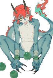 Rule 34 | 1boy, animal feet, animal hands, arm wrap, bangle, blue skin, bracelet, claws, colored skin, colored teeth, completely nude, dragon boy, dragon horns, dragon tail, extra nipples, fangs, flame-tipped tail, full body, hair between eyes, hands on feet, head tilt, highres, horns, jewelry, long hair, looking at viewer, male focus, monster boy, nipples, nude, open mouth, orb, original, piercing, pointy ears, quietgom, red hair, simple background, sitting, slit pupils, solo, spread legs, tail, thick eyebrows, tongue, tongue out, tongue piercing, white background, yellow eyes