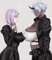 Rule 34 | 2girls, alexis (zkstxxx), arms at sides, asymmetrical docking, belt, black belt, black dress, black jacket, blunt bangs, breast press, breasts, closed mouth, covered erect nipples, cowboy shot, dark-skinned female, dark skin, dress, from side, grey background, grey eyes, highres, horns, huge breasts, jacket, large breasts, lips, long sleeves, looking at another, multiple girls, muscular, muscular female, original, purple eyes, purple hair, shirt, short hair, silver hair, simple background, single horn, smile, white shirt, zkstxxx