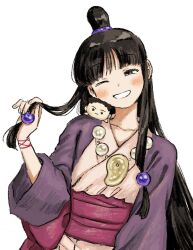 Rule 34 | 1girl, ;d, ace attorney, black hair, blush, character doll, collarbone, hair bun, hanten (clothes), head tilt, highres, holding, holding hair, jewelry, long hair, low-tied sidelocks, magatama, magatama necklace, maya fey, necklace, one eye closed, open mouth, phoenix wright, pink sash, renshu usodayo, sash, simple background, single hair bun, smile, solo, upper body, very long hair, white background