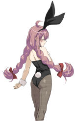 Rule 34 | 1girl, ahoge, alternate costume, animal ears, arm at side, ass, bare arms, bare shoulders, black hairband, black leotard, blush, braid, clenched hand, closed eyes, collar, cropped legs, detached collar, fake animal ears, fake tail, feet out of frame, fishnets, from behind, hair ribbon, hairband, hand on own chest, highres, himuro lavi, leotard, long hair, low twin braids, magia record: mahou shoujo madoka magica gaiden, mahou shoujo madoka magica, median furrow, pantyhose, pink hair, playboy bunny, profile, rabbit ears, rabbit tail, red ribbon, ribbon, sidelocks, simple background, solo, strapless, strapless leotard, swept bangs, tail, translucent hair, twin braids, very long hair, white background, white collar, wrist cuffs, you2