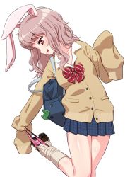 Rule 34 | 1girl, alligator, animal ears, bag, bag charm, black footwear, blue skirt, blush, bow, bowtie, brown hair, brown sweater, cardigan, carrying, charm (object), closed eyes, collared shirt, commentary, cowboy shot, crocodilian, dress shirt, kairaku historie, charm (object), kneehighs, knees together feet apart, leaning to the side, leg up, liu bei (kairaku historie), loafers, long hair, loose socks, miniskirt, open mouth, panties, panty pull, pink panties, plaid, plaid skirt, pleated skirt, pocket, pulled by self, rabbit ears, red bow, red bowtie, red eyes, school bag, senzoc, shirt, shoes, shoulder bag, simple background, skirt, sleeves past wrists, smile, socks, solo, standing, standing on one leg, striped bow, striped bowtie, striped clothes, sweater, teeth, underwear, upper teeth only, wavy hair, white background, white shirt, white socks