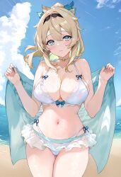 Rule 34 | 1girl, aqua eyes, bare shoulders, blonde hair, breasts, cleavage, hairband, hololive, kazama iroha, looking at viewer, ponytail, solo, standing, sugiki, swimsuit, virtual youtuber