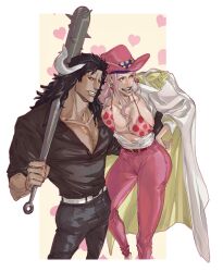 Rule 34 | 1boy, 1girl, absurdres, ass, black hair, bra, breasts, charlotte linlin, club, club (weapon), coat, earrings, epaulettes, heart, heart earrings, highres, holding, holding weapon, horns, jewelry, kaidou (one piece), kanabou, large breasts, long hair, looking at viewer, looking to the side, muscular, muscular male, one piece, open clothes, open shirt, pink hair, polka dot, polka dot bra, underwear, weapon, white coat, white horns, xx rbf