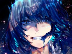 Rule 34 | 1boy, biting, blood, blood from mouth, blue background, blue blood, blue eyes, blue hair, blue theme, chikichi, clenched teeth, fate/grand order, fate (series), gradient background, hair between eyes, halo, hand up, highres, light particles, looking at viewer, male focus, oberon (fate), oberon (third ascension) (fate), portrait, self-harm, short hair, sidelocks, simple background, skeletal hand, solo, straight-on, teeth