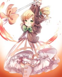 Rule 34 | 1girl, arms up, blush, bow, brown bow, cuisine dimension, dress, drill hair, flower, good night sleeping, gradient background, green bow, green eyes, green neckwear, grey thighhighs, hair bow, hair flower, hair ornament, highres, long sleeves, looking at viewer, orange background, puffy long sleeves, puffy sleeves, skirt, smile, solo, spoon, standing, thighhighs, white skirt