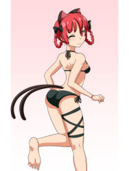 Rule 34 | 1girl, ;3, animal ears, ass, bare arms, bare shoulders, barefoot, bikini, black bikini, black bow, black ribbon, bow, braid, braided hair rings, breasts, cat ears, cat tail, cato (monocatienus), commentary, extra ears, feet, from behind, gradient background, hair bow, hair rings, halterneck, kaenbyou rin, kneepits, leg ribbon, looking at viewer, looking back, medium breasts, multiple tails, one eye closed, pink background, red eyes, red hair, ribbon, shoulder blades, side-tie bikini bottom, simple background, solo, standing, standing on one leg, swimsuit, tail, thigh ribbon, thighs, touhou, twin braids, two tails
