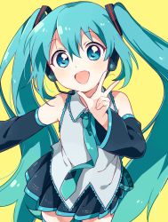Rule 34 | 1girl, :d, aqua eyes, aqua hair, aqua necktie, aqua thighhighs, blue skirt, cowboy shot, detached sleeves, hatsune miku, headset, highres, long hair, looking at viewer, namori, necktie, open mouth, simple background, skirt, smile, solo, thighhighs, thighs, twintails, v, very long hair, vocaloid, w, yellow background