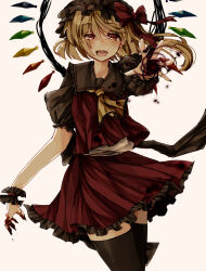 Rule 34 | 1girl, ascot, black thighhighs, blonde hair, blood, blood on hands, crystal wings, dress, flandre scarlet, frilled dress, frills, gomabu (rirurutennsi), hat, looking at viewer, mob cap, red eyes, simple background, solo, thighhighs, touhou, white background, wrist cuffs, yellow ascot