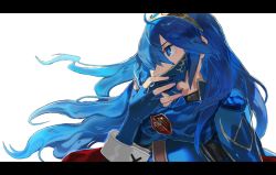 Rule 34 | 1girl, aisutabetao, armor, blue eyes, blue gloves, blue hair, blue scarf, fingerless gloves, fire emblem, fire emblem awakening, floating hair, from side, gloves, gold hairband, hair over one eye, hairband, highres, holding, holding mask, letterboxed, long hair, looking ahead, lucina (fire emblem), mask, nintendo, one eye covered, portrait, scarf, solo, white background