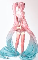 Rule 34 | 1girl, absurdly long hair, absurdres, alternate color, arms behind back, back, bare shoulders, blue hair, boots, collared shirt, commentary, detached sleeves, fingernails, from behind, full body, gradient hair, hair ornament, hatsune miku, highres, im909 im, long hair, long sleeves, miniskirt, multicolored hair, pink footwear, pink hair, pink skirt, pleated skirt, sakura miku, shadow, shirt, simple background, skirt, solo, standing, twintails, two-tone hair, very long hair, vocaloid, white background, white shirt, wide sleeves