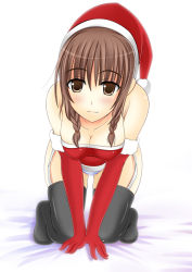 Rule 34 | 1girl, braid, christmas, elbow gloves, gloves, hair over shoulder, kimi kiss, mizusawa mao, red gloves, santa costume, shio, solo, thighhighs, twin braids, twintails