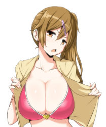 Rule 34 | &gt;:o, 10s, 1girl, :o, alternate hairstyle, annoyed, bikini, bikini top only, blush, body blush, breasts, brown eyes, brown hair, chuunibyou demo koi ga shitai!, cleavage, collarbone, female focus, frown, hair between eyes, hair ornament, hairclip, head tilt, heart, huge breasts, long hair, long image, looking at viewer, nibutani shinka, open clothes, open mouth, open shirt, red bikini, shiny skin, shirt, short sleeves, side ponytail, simple background, solo, swimsuit, tall image, upper body, v-shaped eyebrows, white background, yellow shirt, zaxwu