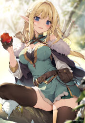 Rule 34 | 1girl, apple, belt, belt pouch, black thighhighs, blonde hair, blue eyes, blush, braid, breasts, cleavage, coat, commentary request, cowboy shot, dress, elf, food, fruit, fur-trimmed coat, fur trim, green dress, highres, holding, holding food, holding fruit, karory, light particles, light rays, long hair, looking at viewer, medium breasts, open mouth, original, outdoors, pointy ears, pouch, short dress, side braid, smile, snow, solo, squirrel, thighhighs, wind, wings