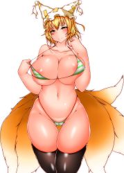 Rule 34 | 1girl, absurdres, animal ears, animal hat, areola slip, bikini, bikini pull, black thighhighs, blonde hair, blush, breasts, cleavage, closed mouth, clothes pull, comiket 97, cowboy shot, curvy, fox ears, fox tail, green bikini, hat, highres, huge breasts, kitsune, looking at viewer, micro bikini, mob cap, multiple tails, navel, noname hider, pulling own clothes, short hair, simple background, skindentation, solo, standing, striped bikini, striped clothes, sweatdrop, swimsuit, tail, thighhighs, touhou, white background, white bikini, white hat, yakumo ran, yellow eyes