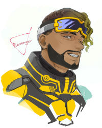 Rule 34 | 1boy, animification, apex legends, armor, blonde hair, brown eyes, brown hair, dark-skinned male, dark skin, eyebrow cut, facial hair, goatee, goggles, goggles on head, gradient hair, looking at viewer, male focus, mirage (apex legends), mudu, multicolored hair, official alternate costume, parted lips, portrait, smile, solo, the revenger mirage, white background, yellow armor