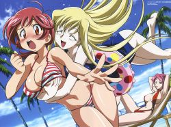 Rule 34 | 00s, 3girls, antenna hair, aoi anna, aoi kiriko, armpits, arms behind head, barefoot, beach, bikini, blonde hair, blush, breasts, chair, cleavage, closed eyes, cloud, crease, day, feet, grabbing, grabbing another&#039;s breast, groping, hair ornament, hairclip, happy, highres, hug, hug from behind, huge breasts, innertube, jumping, kimura takahiro, large breasts, leg up, lipstick, long hair, lounge chair, lying, makeup, megami magazine, mira ackerman, mouth hold, multiple girls, official art, on back, one-piece swimsuit, one eye closed, open mouth, orange eyes, outdoors, pale skin, palm tree, red hair, scan, shinkon gattai godannar!!, short hair, sky, slingshot swimsuit, smile, striped bikini, striped clothes, surprised, surprised arms, swim ring, swimsuit, tree, underboob, wet, wink, yellow eyes
