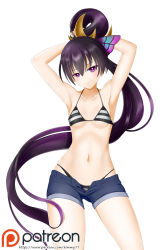Rule 34 | 1girl, absurdres, arm behind head, armpits, arms up, bikini, blue shorts, brave frontier, breasts, cleavage, collarbone, cowboy shot, floating hair, hair between eyes, head tilt, high ponytail, highres, kimmy77, long hair, looking at viewer, navel, open clothes, open shorts, patreon logo, ponytail, purple eyes, purple hair, short shorts, shorts, sideboob, simple background, small breasts, solo, standing, striped bikini, striped clothes, swimsuit, underboob, very long hair, watermark, white background