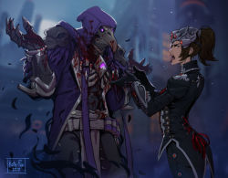 Rule 34 | 1boy, 1girl, alternate costume, angry, arguing, bird mask, blood, blood on clothes, glowing, glowing eyes, hood, huntress widowmaker, kate-fox, mask, nevermore reaper, night, open mouth, overwatch, overwatch 1, ponytail, reaper (overwatch), short ponytail, shrugging, visor, widowmaker (overwatch)