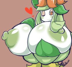 Rule 34 | 1girl, artist name, blush, breast hold, breasts, creatures (company), female focus, game freak, gen 5 pokemon, gigantic breasts, green hair, half-closed eyes, hand on own chest, hand up, lilligant, looking down, looking to the side, nintendo, nipples, no humans, one eye closed, petronoise, pokemon, pokemon (creature), pokemon bw, red background, red eyes, shiny skin, signature, simple background, smile, solo, standing, text focus, wink
