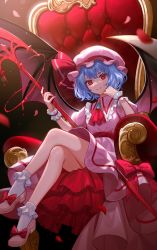 Rule 34 | 1girl, ascot, bat wings, blue hair, bow, brooch, crossed legs, dress, hat, highres, jewelry, lazuri7, light particles, looking at viewer, mob cap, petals, red bow, red eyes, remilia scarlet, rose petals, short hair, sitting, smile, solo, spear the gungnir, throne, touhou, wings, wrist cuffs
