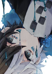 Rule 34 | 1boy, barcode, barcode tattoo, black hair, bloomminority, covered mouth, facing viewer, fantasy, grey eyes, highres, jacket, looking to the side, male focus, multicolored hair, original, short hair, solo, split-color hair, tattoo, upside-down, white background, white hair