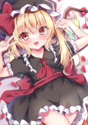 Rule 34 | 1girl, alternate costume, ascot, blonde hair, crystal, flandre scarlet, frilled shirt collar, frilled skirt, frills, hat, highres, mob cap, multicolored wings, one side up, red ascot, red eyes, ribbon, shirotsuki shirone, skirt, touhou, v, wings