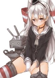 Rule 34 | 10s, 1girl, amatsukaze (kancolle), blush, brown eyes, covering crotch, covering privates, dress, frown, garter straps, gloves, hat, kantai collection, long hair, looking at viewer, mini hat, mizushina minato, personification, red thighhighs, rensouhou-chan, rensouhou-kun, sailor dress, school uniform, serafuku, short dress, silver hair, simple background, single glove, sitting, solo, spread legs, striped clothes, striped thighhighs, thighhighs, twintails, two side up, zettai ryouiki