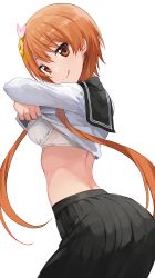 Rule 34 | 1girl, :q, black skirt, bra, breasts, brown eyes, closed mouth, clothes lift, commentary request, hair ornament, highres, hiroki (yyqw7151), lifted by self, long hair, medium breasts, nisekoi, orange hair, pleated skirt, school uniform, serafuku, shirt, shirt lift, simple background, skirt, smile, solo, tachibana marika, tongue, tongue out, twintails, underwear, white background, white bra, white shirt