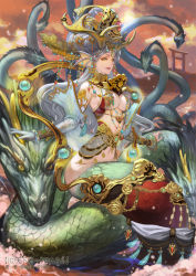 Rule 34 | 1girl, blue hair, breasts, dragon, fang, gloves, hair ornament, horns, jewelry, lamia, large breasts, lots of jewelry, monster girl, navel, official art, tenka touitsu chronicle, torii, underboob, water dragon, watermark, xiaji, yellow eyes