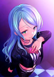 Rule 34 | 1girl, bang dream!, belt, belt buckle, black jacket, black pants, blue hair, blush, breasts, buckle, bustier, chain, chain necklace, checkered floor, choker, cleavage, closed eyes, collarbone, commentary request, condom, condom wrapper, feet out of frame, from above, gradient background, green eyes, hikawa sayo, indoors, jacket, jewelry, kougai no nanigashi, leather, leather jacket, leather pants, long hair, long sleeves, looking at viewer, medium breasts, navel, necklace, pants, purple background, sidelocks, smile, solo, standing, stomach, striped, studded jacket, swept bangs, underbust, vertical stripes, white belt