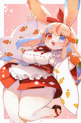 Rule 34 | 1girl, :d, animal ears, apron, arm up, blue eyes, blue hair, blush, body fur, breasts, carrot hair ornament, carrot print, cleavage, commentary request, food-themed hair ornament, food print, furry, furry female, hair ornament, hair ribbon, heterochromia, highres, japanese clothes, kimono, kishibe, large breasts, long hair, looking at viewer, multicolored hair, open mouth, original, print kimono, rabbit ears, rabbit girl, red eyes, red hair, red ribbon, ribbon, smile, solo, tabi, thick thighs, thighs, white apron, white fur, white hair, white kimono, wide sleeves