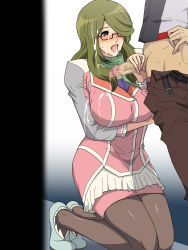 Rule 34 | 1girl, belt, blush, breast hold, breasts, censored, chousoku henkei gyrozetter, clothed sex, cum, cum on body, cum on clothes, cum on eyewear, cum on hair, cum on upper body, dress, facial, glasses, greco roman (spiral brain), green hair, hair over one eye, handjob, highres, kneeling, large breasts, long hair, open mouth, pantyhose, penis, saliva, shoes, shoudou kotoha, skirt, solo focus, standing, sweat