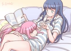 Rule 34 | 2girls, artist name, bed, blue eyes, blue hair, blunt bangs, blush, book, commentary request, eye contact, holding, holding book, long hair, looking at another, lying, lying on person, magia record: mahou shoujo madoka magica gaiden, mahou shoujo madoka magica, multiple girls, nanami yachiyo, nanami yachiyo (pajamas costume), on back, on bed, on stomach, pajamas, pillow, pink eyes, pink hair, simple background, smile, striped clothes, striped pajamas, studiozombie, tamaki iroha, tamaki iroha (pajamas costume), thighs, very long hair, watermark, yuri