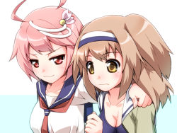 Rule 34 | 10s, 2girls, arm around shoulder, breasts, brown eyes, hair ornament, hairband, i-26 (kancolle), i-58 (kancolle), kantai collection, light brown hair, long hair, multiple girls, name tag, neckerchief, new school swimsuit, open clothes, pink eyes, pink hair, sailor collar, school swimsuit, school uniform, serafuku, shirogane hakuba, short hair, short sleeves, smile, swimsuit, swimsuit under clothes, two-tone hairband, two side up, wavy mouth