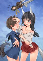 Rule 34 | 3girls, anabuki tomoko, animal ears, aohashi ame, bare shoulders, black eyes, black hair, black neckerchief, blouse, blue shirt, blue sky, blunt bangs, blush, brave witches, breasts, brown hair, brown jacket, cleavage, cloud, cloudy sky, commentary, crossed arms, day, dougi, flying, fringe trim, frown, grey shirt, hakama, hakama short skirt, hakama skirt, heart, highres, jacket, japanese clothes, kanno naoe, leaning forward, long sleeves, medium breasts, miniskirt, motion blur, motion lines, multiple girls, neckerchief, no pants, off shoulder, open mouth, outdoors, outstretched arms, pleated skirt, raccoon girl, red skirt, sakomizu haruka, scarf, shirt, short hair, short sleeves, skirt, sky, smile, squiggle, straight hair, strike witches: suomus misfits squadron, striker unit, sweatdrop, tail, tail wagging, trembling, upside-down, white shirt, world witches series, yellow scarf, yuri
