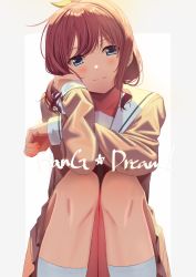 Rule 34 | 1girl, backlighting, bang dream!, blue eyes, blush, bow, brown hair, brown shirt, brown skirt, closed mouth, copyright name, feet out of frame, hair bow, hair intakes, head rest, head tilt, kneehighs, long hair, long sleeves, looking at viewer, miniskirt, pleated skirt, poligon (046), sailor collar, school uniform, shirt, sidelocks, skirt, sleeves past wrists, smile, socks, solo, squatting, white background, white sailor collar, white socks, yamabuki saya, yellow bow